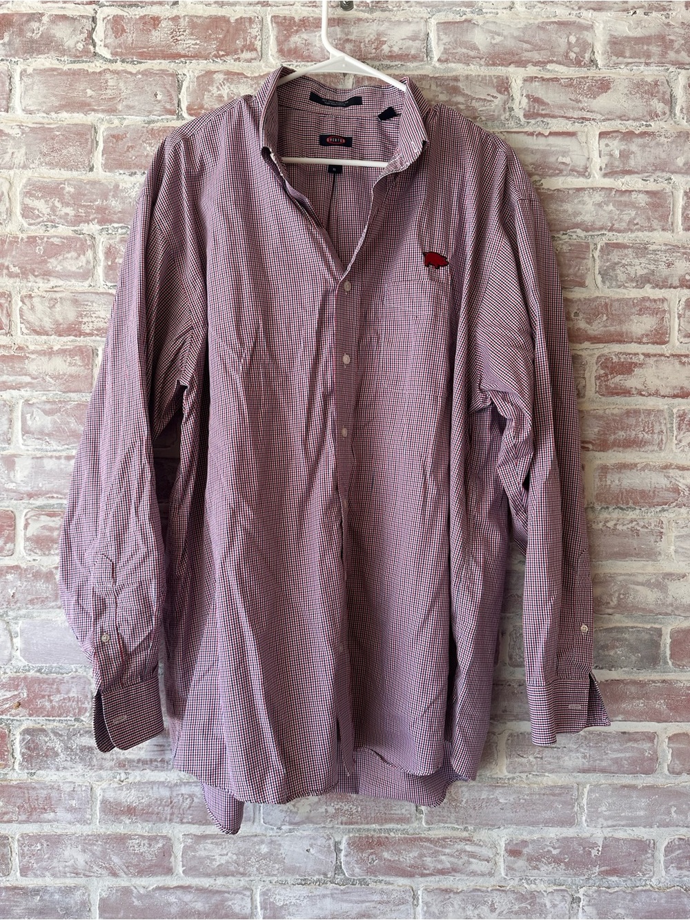 Men's Checked Button-Down Shirt in Red with Tiny Iron on Pig